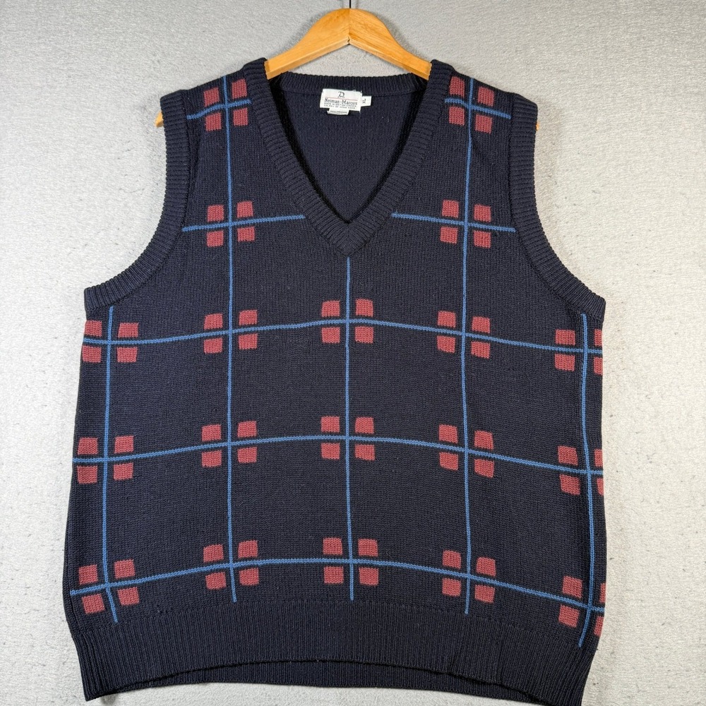Vintage Neiman Marcus Argyle V Neck Sweater Vest Navy Womens XL Lambswool